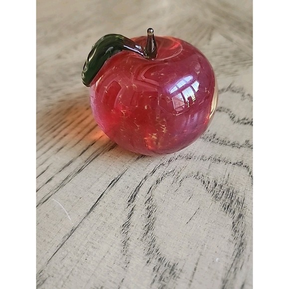 Unmarked Other - Vintage Hand Blown Glass Apple Paper Weight Red With Green Leaf & Stem Teacher